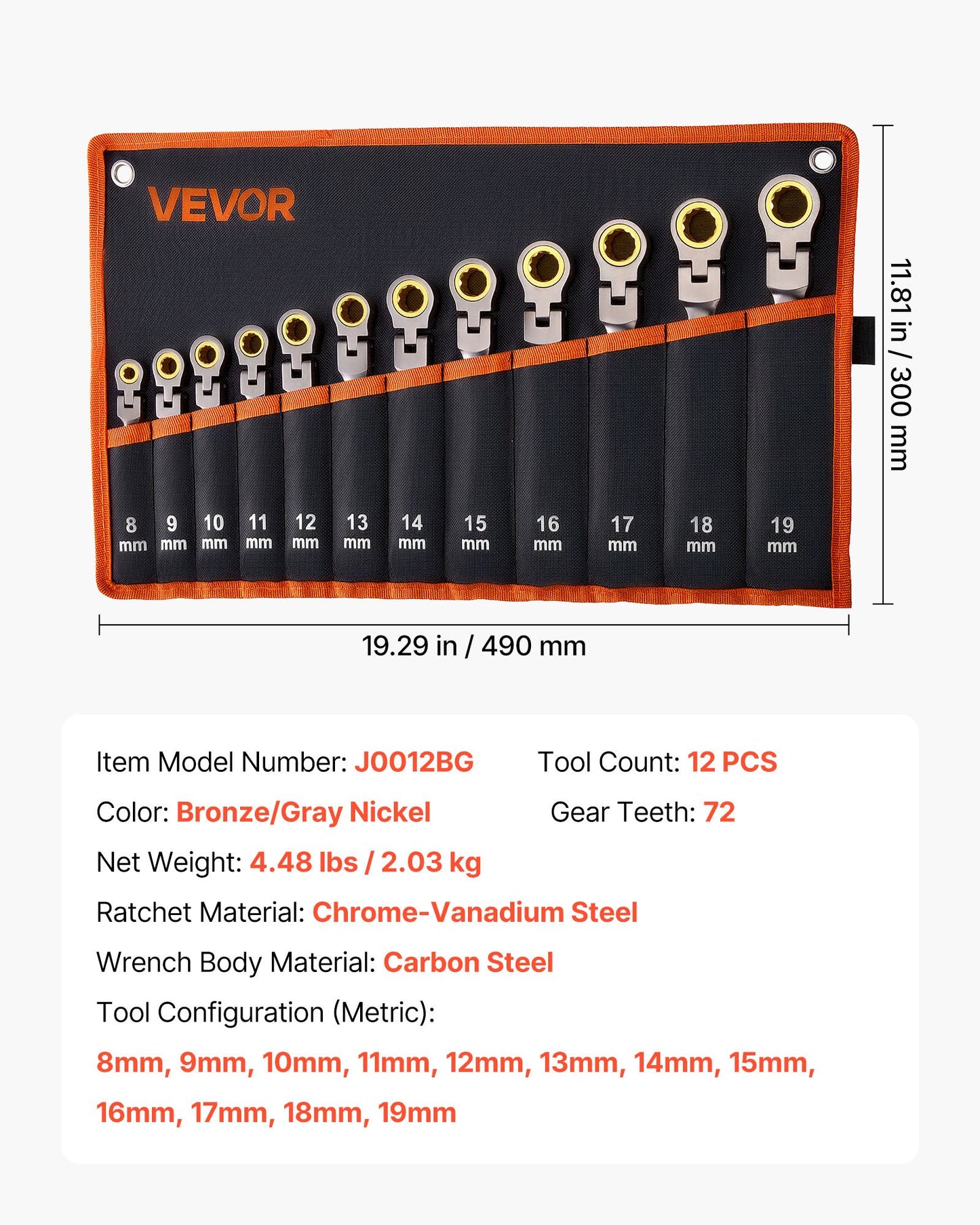 Flex-Head Ratcheting Wrench Set, 12-Piece Metric 8 mm to 19 mm, 72 Teeth, Cr-V Steel Ratchet Flexible Combination Wrench Set with Roll Up Pouch, for General Household and Automotive Repairs