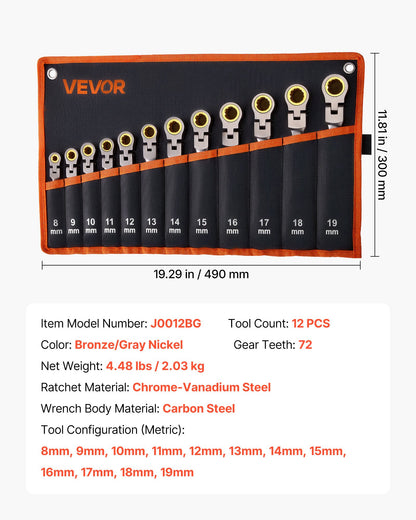 Flex-Head Ratcheting Wrench Set, 12-Piece Metric 8 mm to 19 mm, 72 Teeth, Cr-V Steel Ratchet Flexible Combination Wrench Set with Roll Up Pouch, for General Household and Automotive Repairs