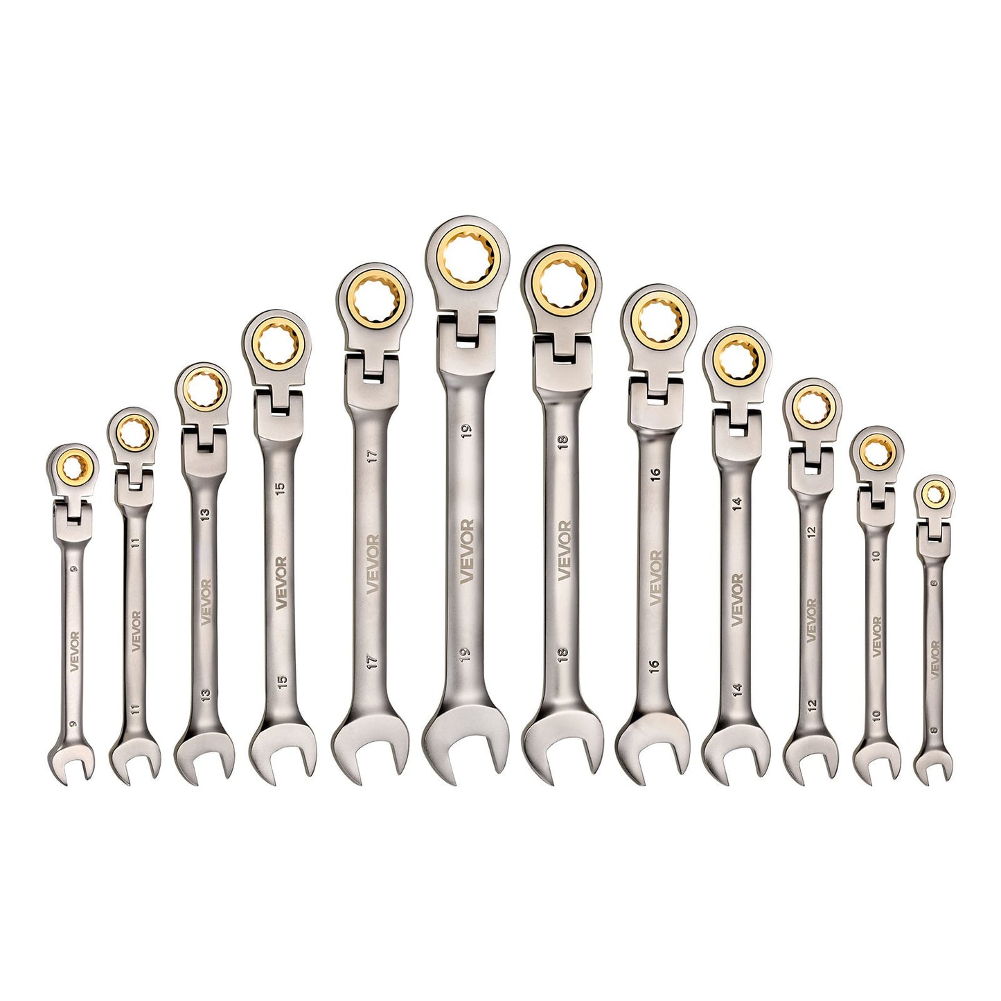 Flex-Head Ratcheting Wrench Set, 12-Piece Metric 8 mm to 19 mm, 72 Teeth, Cr-V Steel Ratchet Flexible Combination Wrench Set with Roll Up Pouch, for General Household and Automotive Repairs