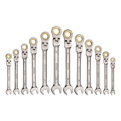 Flex-Head Ratcheting Wrench Set, 12-Piece Metric 8 mm to 19 mm, 72 Teeth, Cr-V Steel Ratchet Flexible Combination Wrench Set with Roll Up Pouch, for General Household and Automotive Repairs