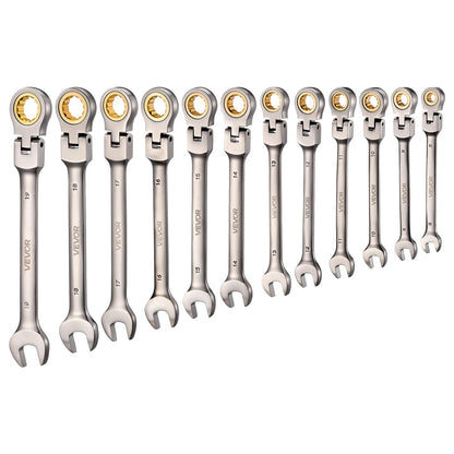 Flex-Head Ratcheting Wrench Set, 12-Piece Metric 8 mm to 19 mm, 72 Teeth, Cr-V Steel Ratchet Flexible Combination Wrench Set with Roll Up Pouch, for General Household and Automotive Repairs
