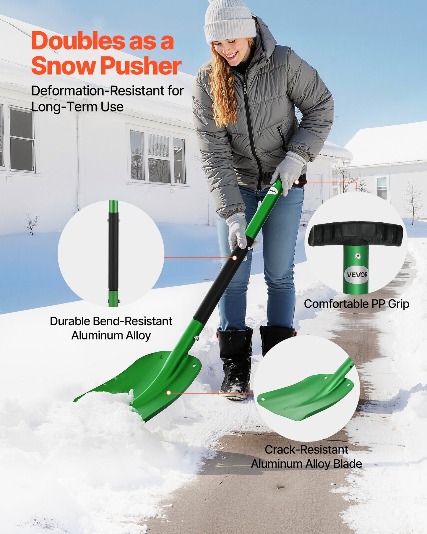 Snow Shovel for Driveway, 21.5cm Wide Aluminum Alloy Snow Shovel with T-shaped Handles, Large Capacity Snowplow Shovels, Portable & Lightweight Snows Removal Tool for Garden Car Camping