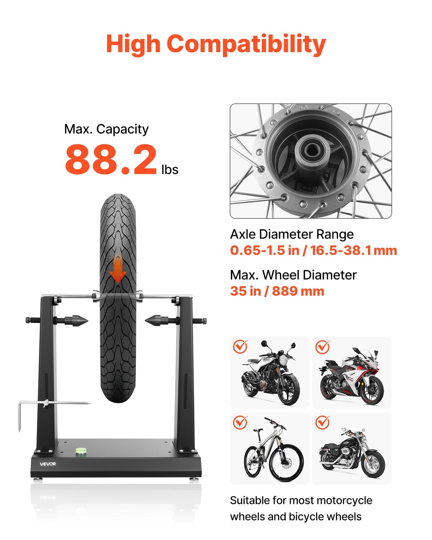 Motorcycle Wheel Balancer, 40 kg Capacity, Tire Balancer & Truing Stand with Adjustable Centering Cones and Truing Pointer, Balancing Tools for Most Motorcycles & Bicycles, 889 mm Wheel Dia
