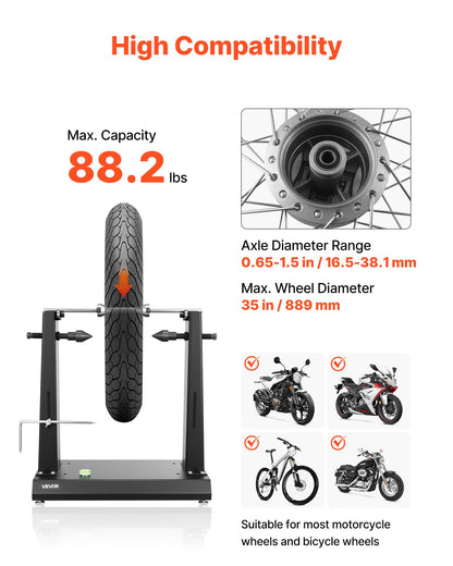 Motorcycle Wheel Balancer, 40 kg Capacity, Tire Balancer & Truing Stand with Adjustable Centering Cones and Truing Pointer, Balancing Tools for Most Motorcycles & Bicycles, 889 mm Wheel Dia