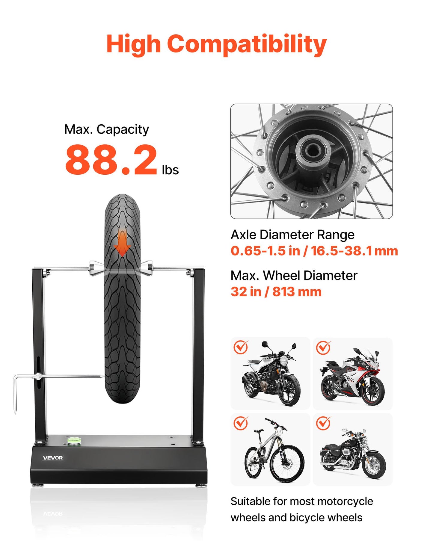 Motorcycle Wheel Balancer, 40 kg Capacity, Tire Balancer & Truing Stand with Adjustable Centering Cones and Truing Pointer, Balancing Tools for Most Motorcycles & Bicycles, 813 mm Wheel Dia