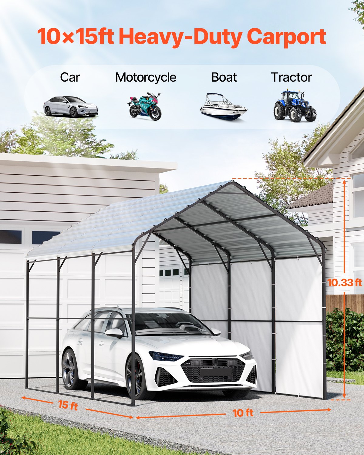 VEVOR 10' x 15' Metal Carport Heavy Duty Outdoor Car Shelter Garage for Boats