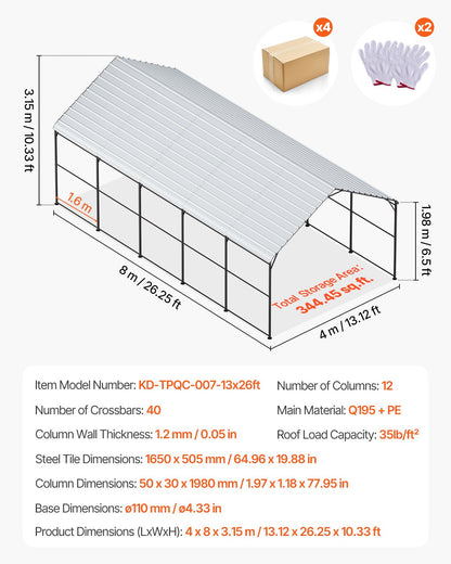 VEVOR 13' x 26' Metal Carport Heavy Duty Outdoor Car Shelter Garage for Boats