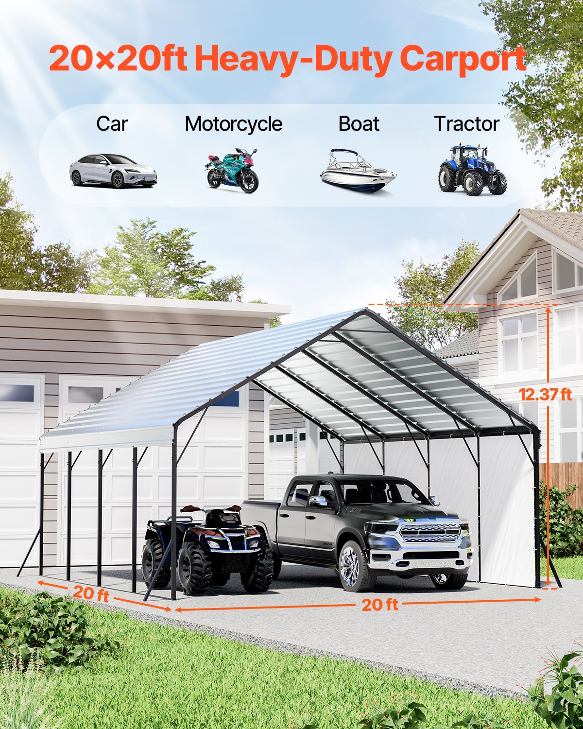 Heavy Duty Metal Carport, 5.8 x 6 x 3.77 m Outdoor Carport with Sturdy Frame & Roof, Car Garage Shade with Removable Sidewalls, Multi-Use Car Shelter for Pickup, Boat, Trucks & Tractors