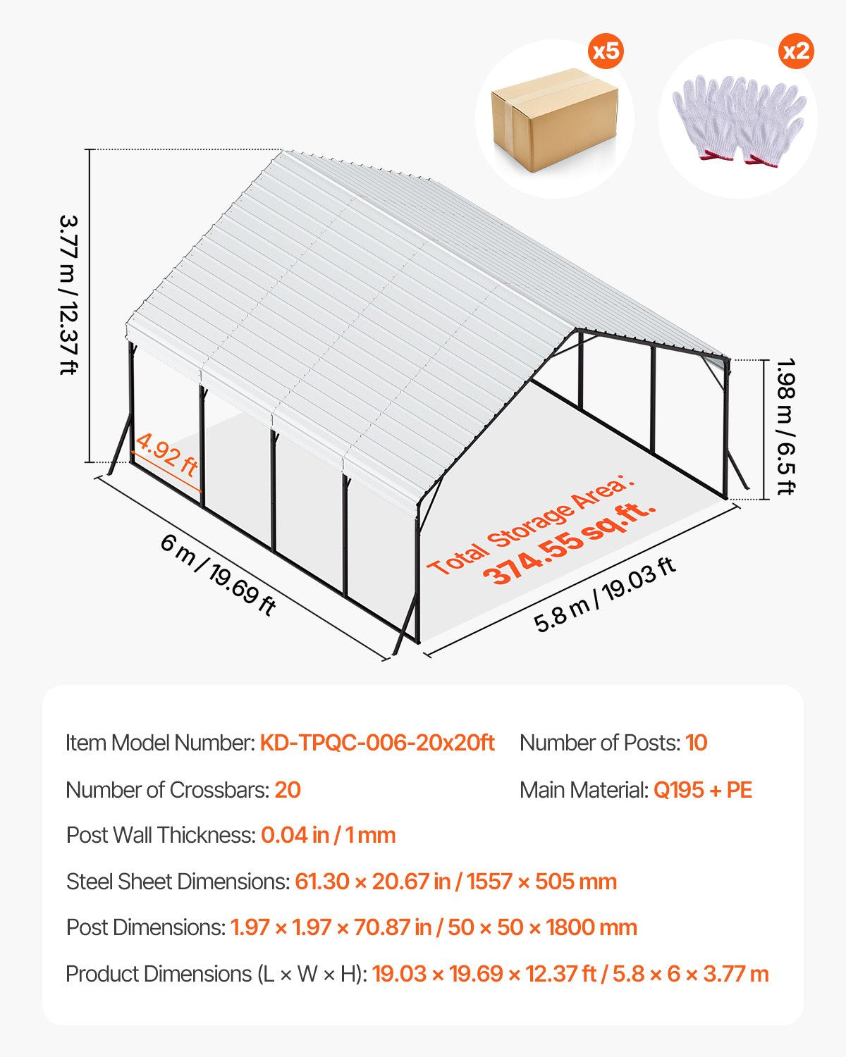 Heavy Duty Metal Carport, 5.8 x 6 x 3.77 m Outdoor Carport with Sturdy Frame & Roof, Car Garage Shade with Removable Sidewalls, Multi-Use Car Shelter for Pickup, Boat, Trucks & Tractors