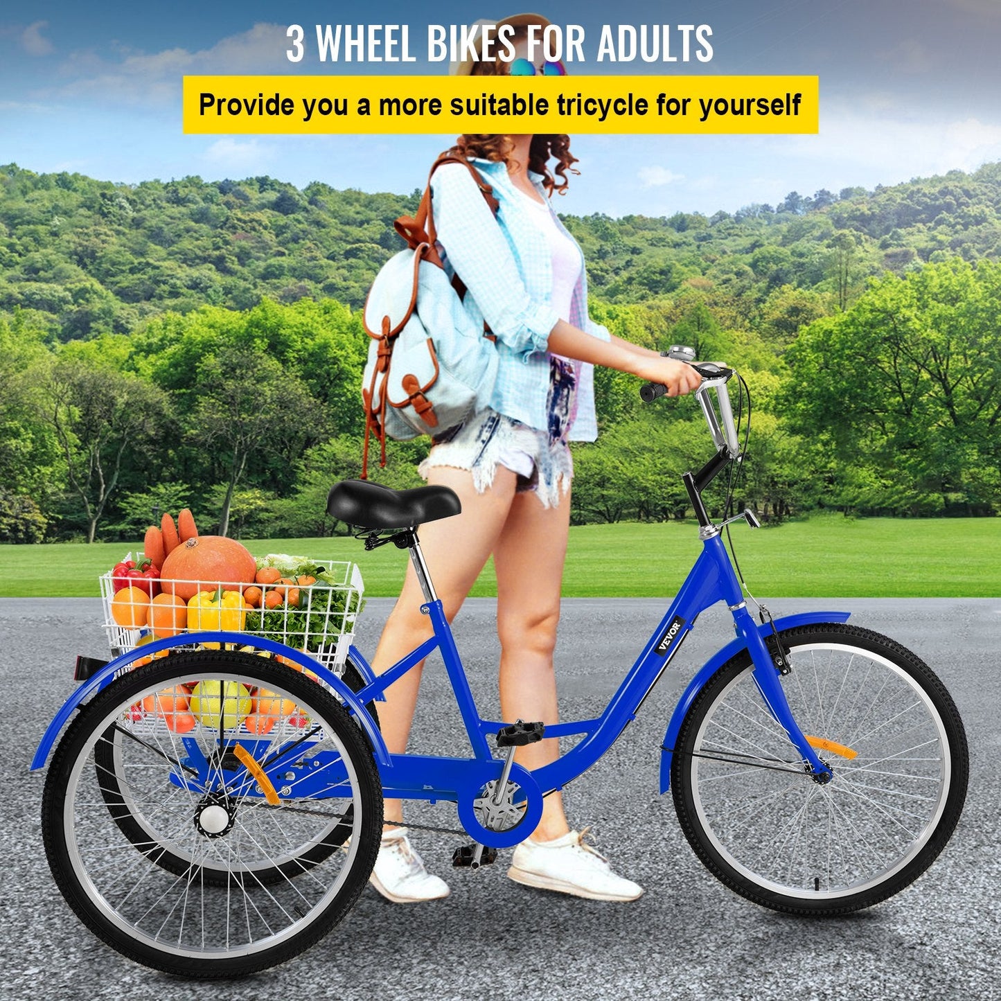 Blue Adult 3-Wheel Tricycle with Large Basket, 24-Inch Wheels, 1-Speed