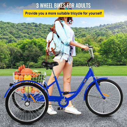 1-Speed 3 Wheel Adult Tricycle 24'' BlueTrike Bicycle Bike with Large Basket