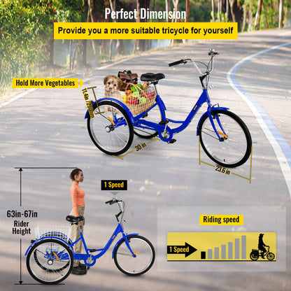 1-Speed 3 Wheel Adult Tricycle 24'' BlueTrike Bicycle Bike with Large Basket
