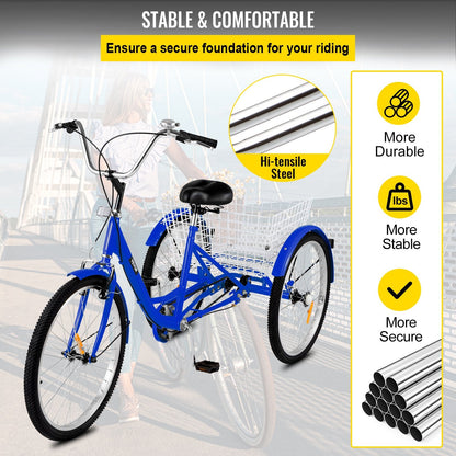 Blue Adult 3-Wheel Tricycle with Large Basket, 24-Inch Wheels, 1-Speed