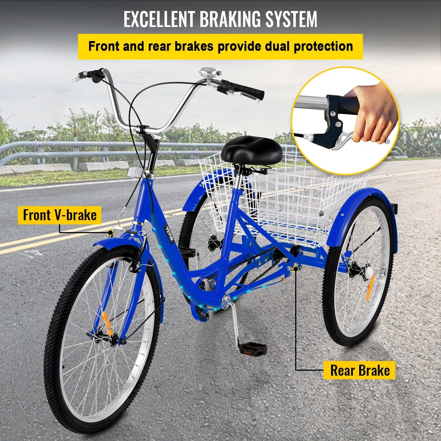Blue Adult 3-Wheel Tricycle with Large Basket, 24-Inch Wheels, 1-Speed