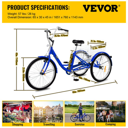 1-Speed 3 Wheel Adult Tricycle 24'' BlueTrike Bicycle Bike with Large Basket