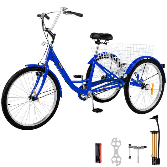 1-Speed 3 Wheel Adult Tricycle 24'' BlueTrike Bicycle Bike with Large Basket
