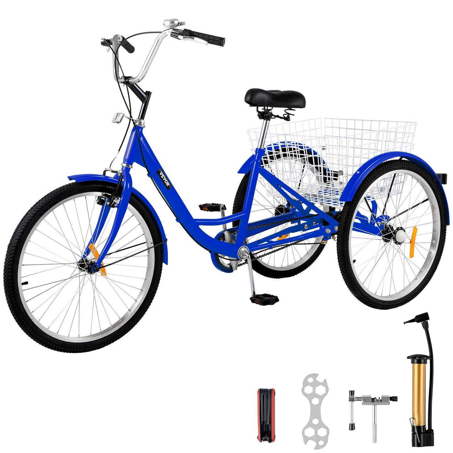 Blue Adult 3-Wheel Tricycle with Large Basket, 24-Inch Wheels, 1-Speed