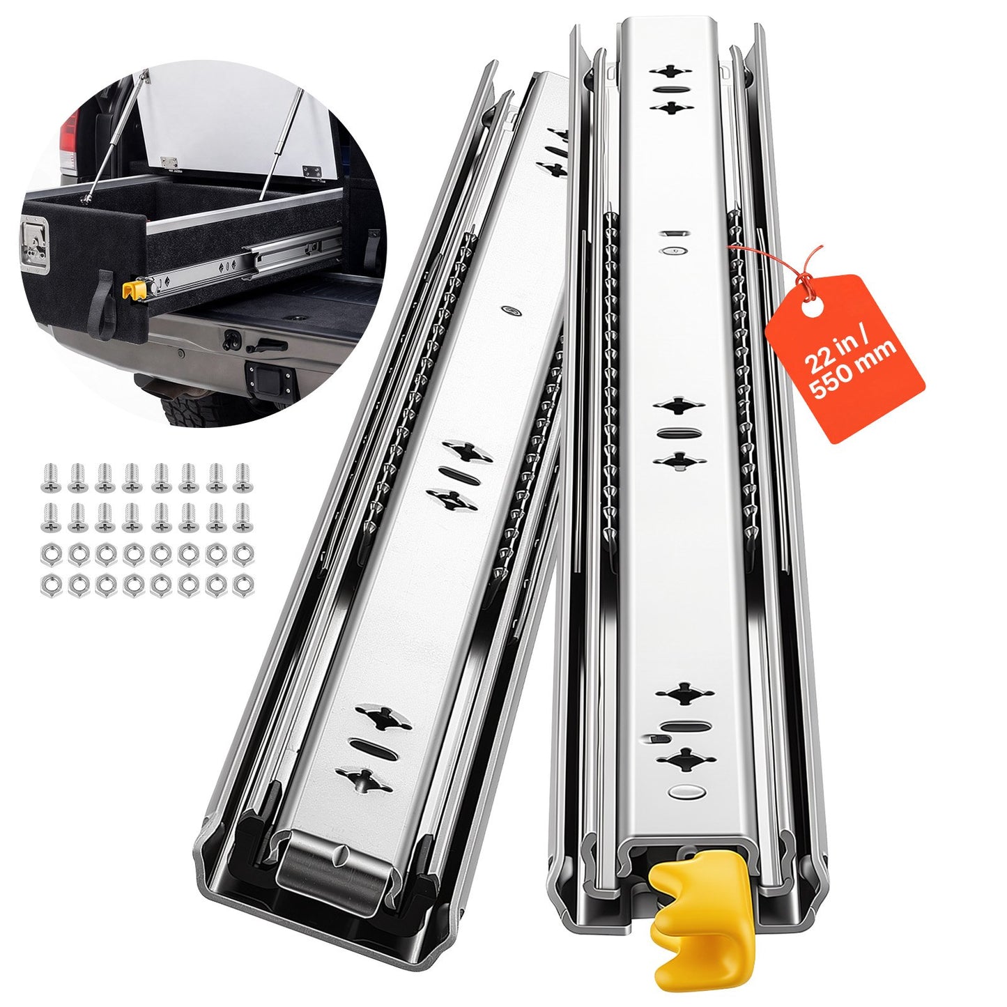 Heavy Duty Drawer Slides, 55 cm 113.4 kg with Lock Side Mount Rails, for Cabinets, Kitchen, Workbench, RV, 3-Fold Full Extension Ball Bearing Rails, Carbon Steel, with Screws & Nuts, 1 Pair