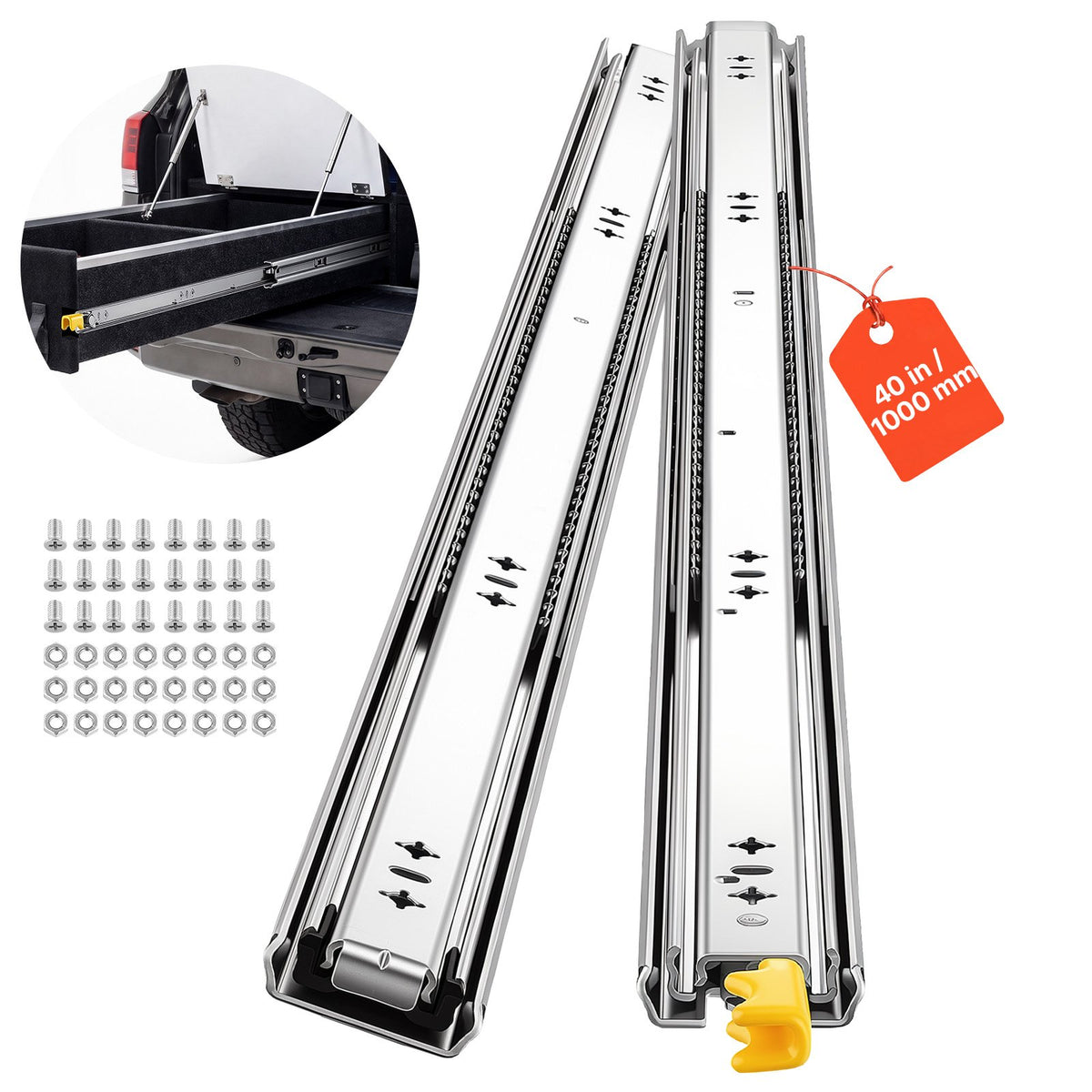 Heavy Duty Drawer Slides, 100 cm 113 kg with Lock Side Mount Rails, for Cabinets, Kitchen, Workbench, RV, 3-Fold Full Extension Ball Bearing Rails, Carbon Steel, with Screws & Nuts, 1 Pair