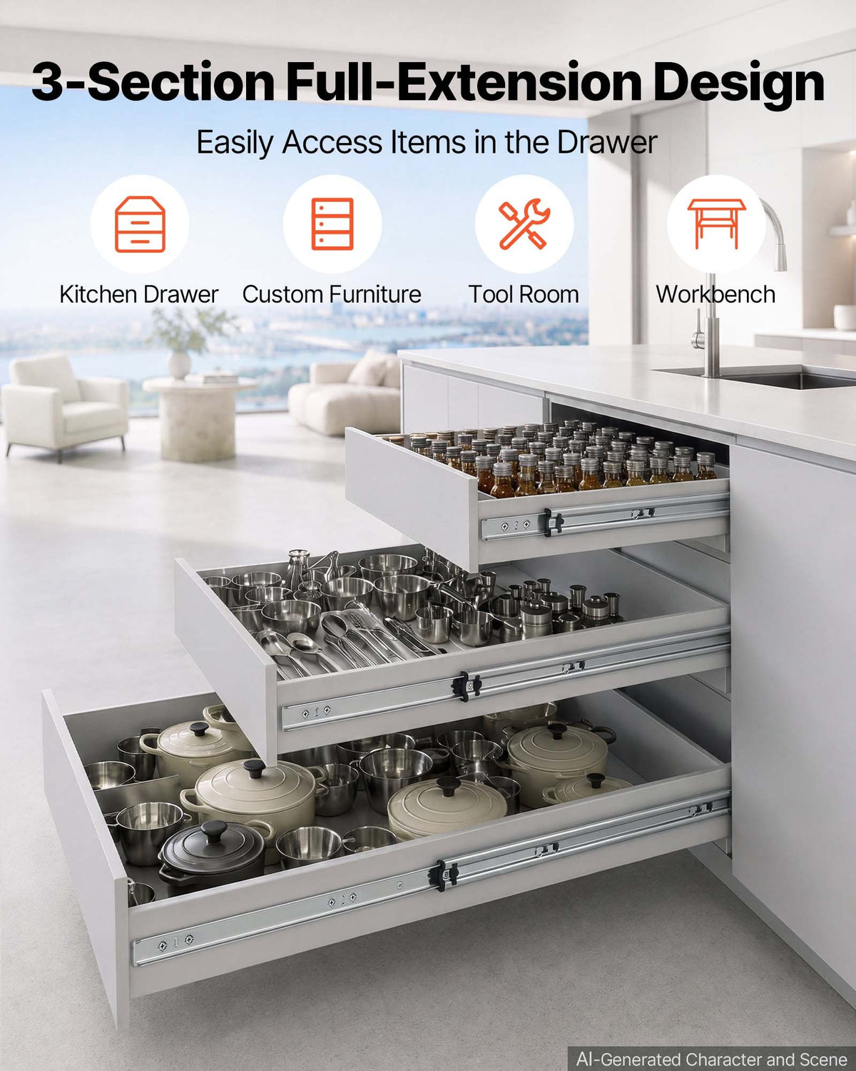 Heavy Duty Drawer Slides, 90 cm 120.2 kg Load Side Mount Rails, for Cabinets, Kitchen, Workbench, RV, 3-Fold Full Extension Ball Bearing Rails, Carbon Steel, with Screws & Nuts, 1 Pair