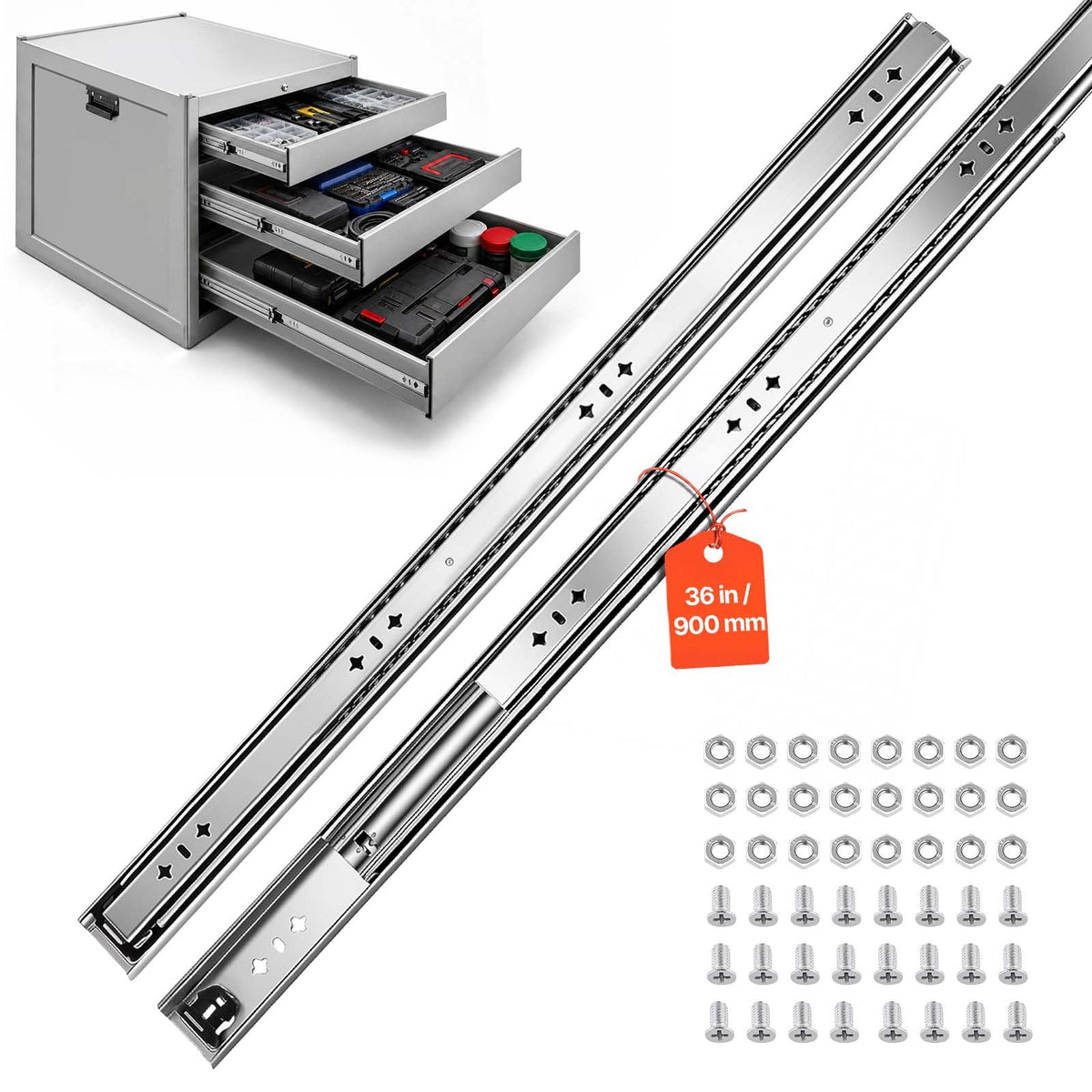 Heavy Duty Drawer Slides, 90 cm 120.2 kg Load Side Mount Rails, for Cabinets, Kitchen, Workbench, RV, 3-Fold Full Extension Ball Bearing Rails, Carbon Steel, with Screws & Nuts, 1 Pair