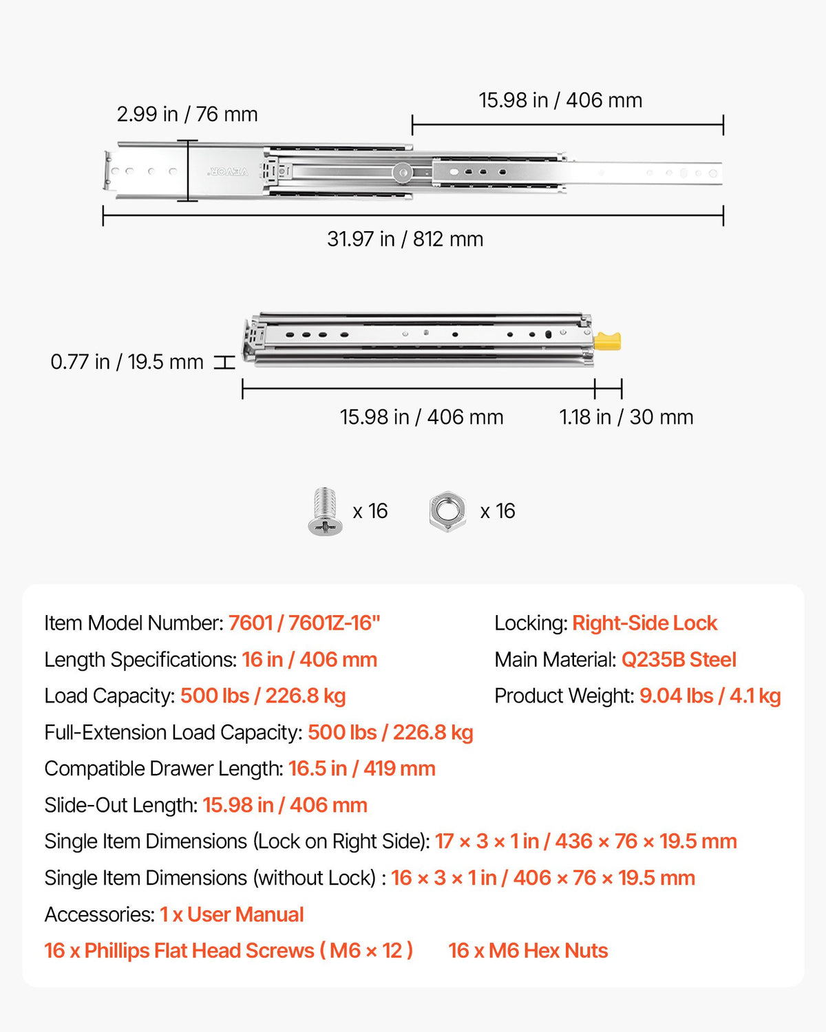 Heavy Duty Drawer Slides, 40.6 cm 226.8 kg with Lock Side Mount Rails, for Cabinets, Kitchen, Workbench, RV, 3-Fold Full Extension Ball Bearing Rails, Carbon Steel, with Screws & Nuts, 1 Pair