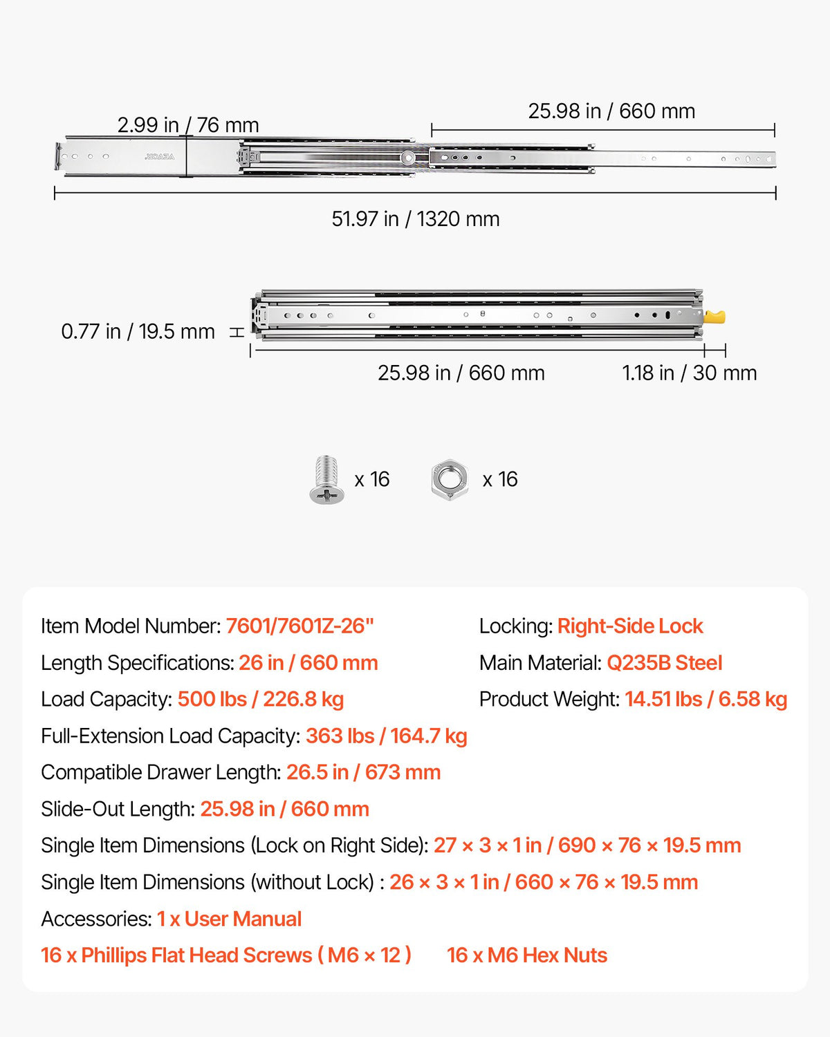 Heavy Duty Drawer Slides, 66 cm 226.8 kg with Lock Side Mount Rails, for Cabinets, Kitchen, Workbench, RV, 3-Fold Full Extension Ball Bearing Rails, Carbon Steel, with Screws & Nuts, 1 Pair