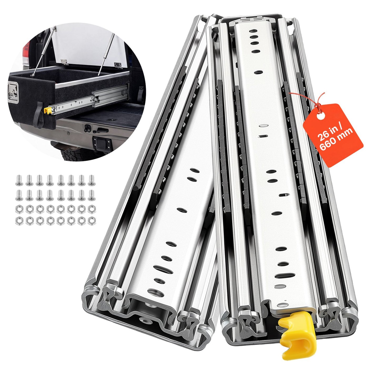 Heavy Duty Drawer Slides, 66 cm 226.8 kg with Lock Side Mount Rails, for Cabinets, Kitchen, Workbench, RV, 3-Fold Full Extension Ball Bearing Rails, Carbon Steel, with Screws & Nuts, 1 Pair