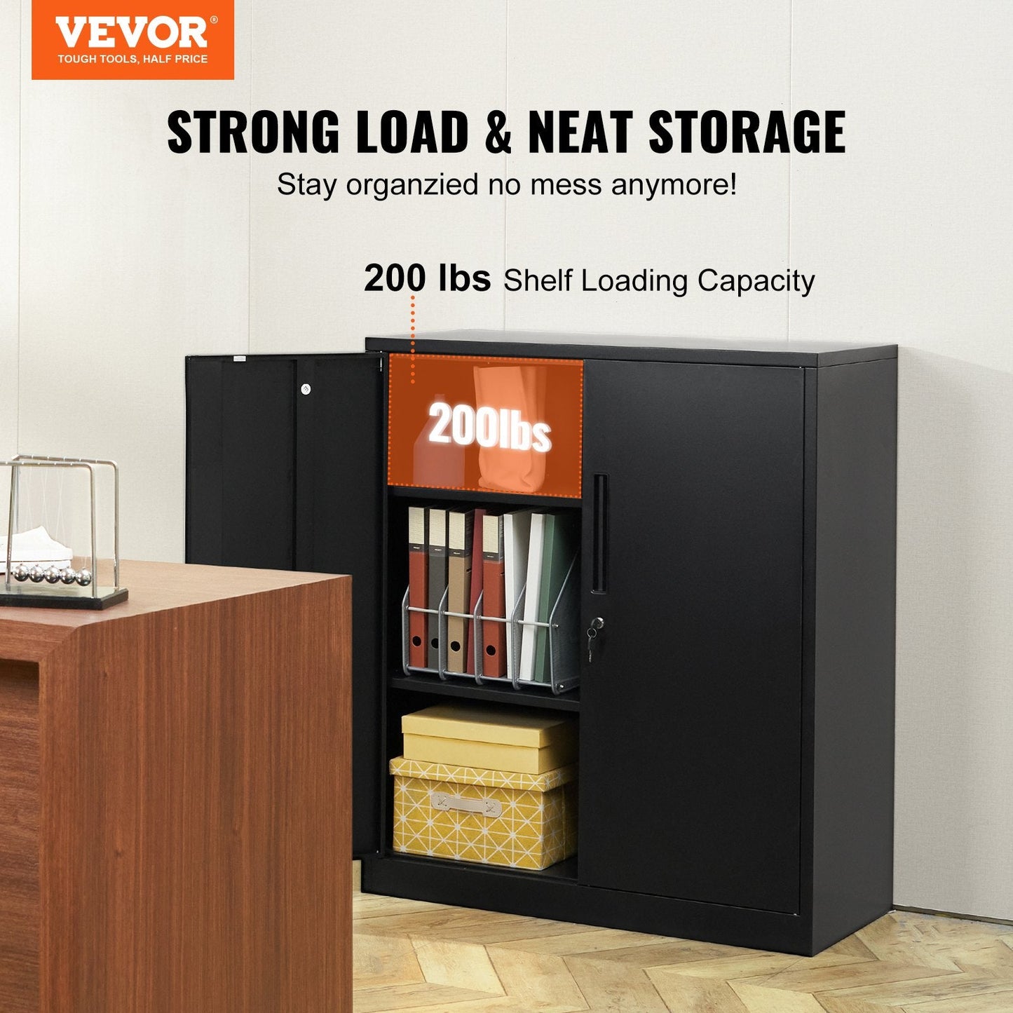 Black Metal Storage Cabinet with Lock, 2 Shelves, 900x450x1060 mm, 30.3 kg
