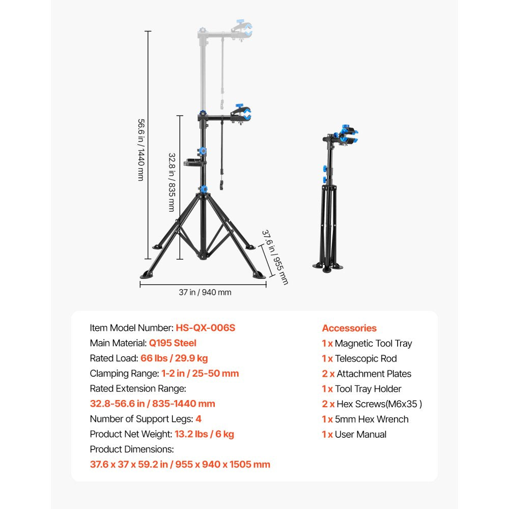 VEVOR Bike Repair Stand 29.9 kg Adjustable Bicycle Maintenance Rack with Tray