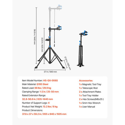 VEVOR Bike Repair Stand 29.9 kg Adjustable Bicycle Maintenance Rack with Tray