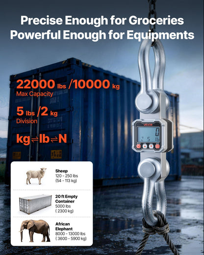 Digital Crane Scale, 22000 lbs/10 T Max Capacity, Heavy Duty Industrial Hanging Scale with Cast Aluminum Case & LCD Display, 2 kg Division & 3 Unit Switch, Remote Control for Garage Factory