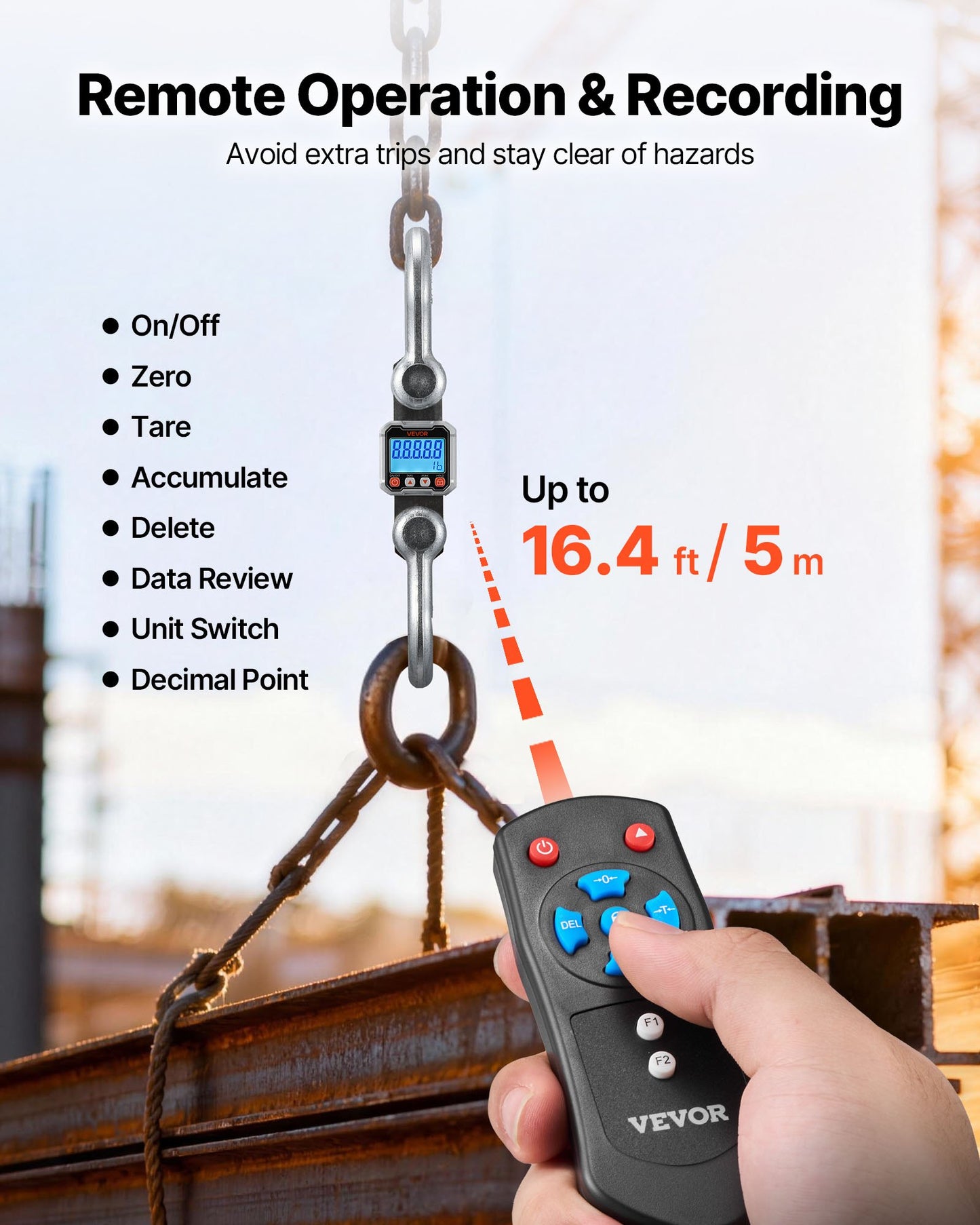 Digital Crane Scale, 22000 lbs/10 T Max Capacity, Heavy Duty Industrial Hanging Scale with Cast Aluminum Case & LCD Display, 2 kg Division & 3 Unit Switch, Remote Control for Garage Factory