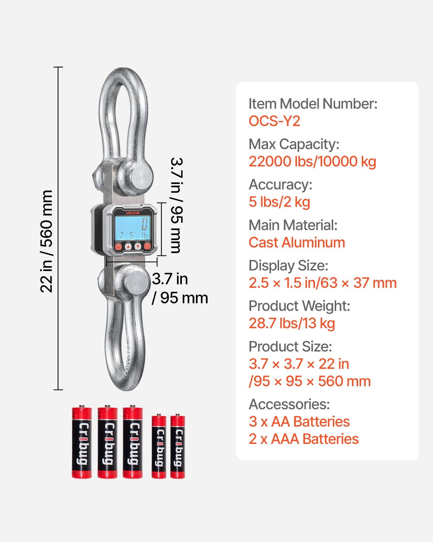 Digital Crane Scale, 22000 lbs/10 T Max Capacity, Heavy Duty Industrial Hanging Scale with Cast Aluminum Case & LCD Display, 2 kg Division & 3 Unit Switch, Remote Control for Garage Factory