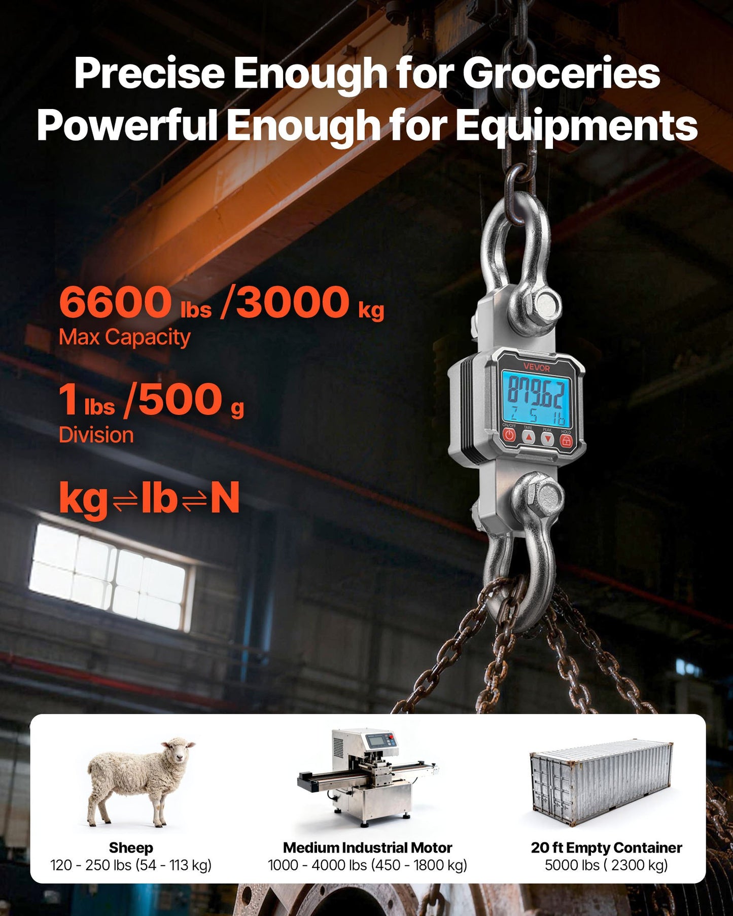 Digital Crane Scale, 6600 lbs/3000 kg Max Capacity, Heavy Duty Industrial Hanging Scale with Cast Aluminum Case & LCD Display, 500 g Division & 3 Unit Switch, Remote Control for Garage Factory