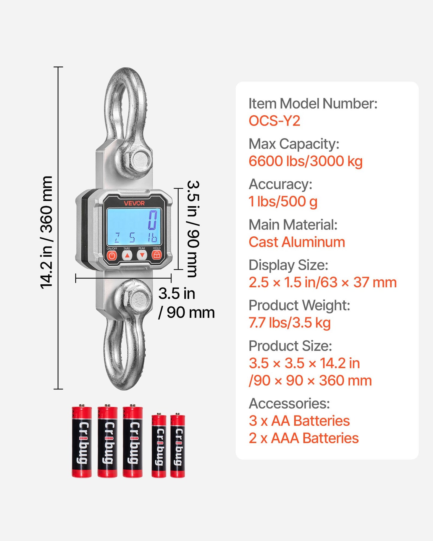 Digital Crane Scale, 6600 lbs/3000 kg Max Capacity, Heavy Duty Industrial Hanging Scale with Cast Aluminum Case & LCD Display, 500 g Division & 3 Unit Switch, Remote Control for Garage Factory