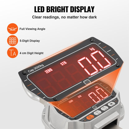 Heavy Duty 3000 kg Digital Crane Scale with Remote & LED Display, Silver