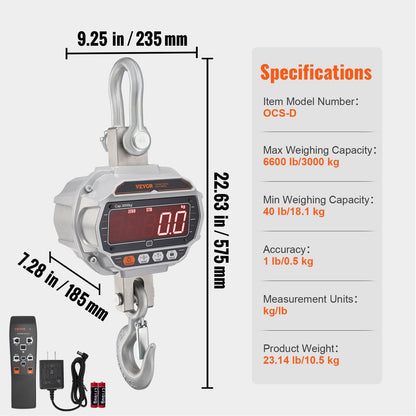 Heavy Duty 3000 kg Digital Crane Scale with Remote & LED Display, Silver