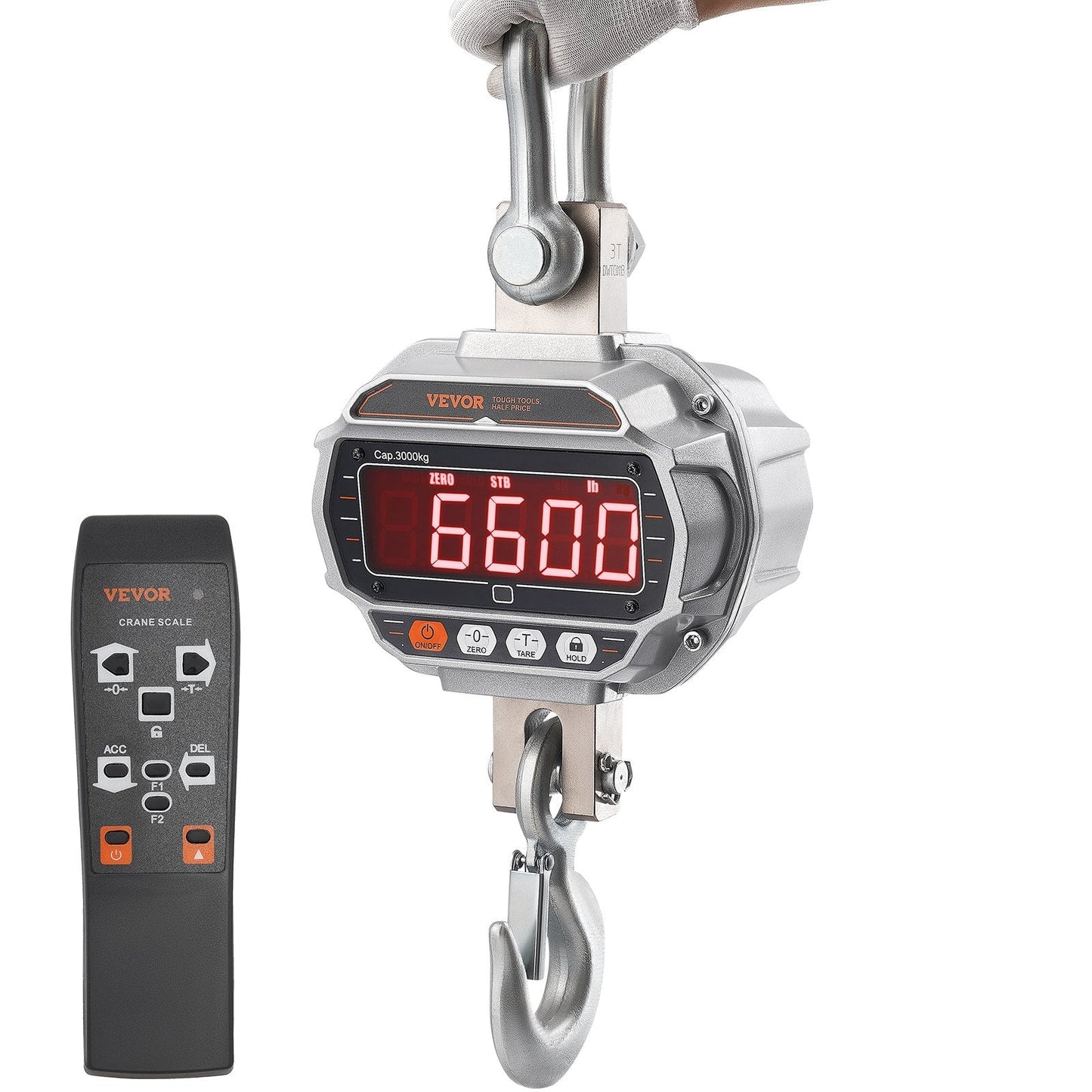 Heavy Duty 3000 kg Digital Crane Scale with Remote & LED Display, Silver