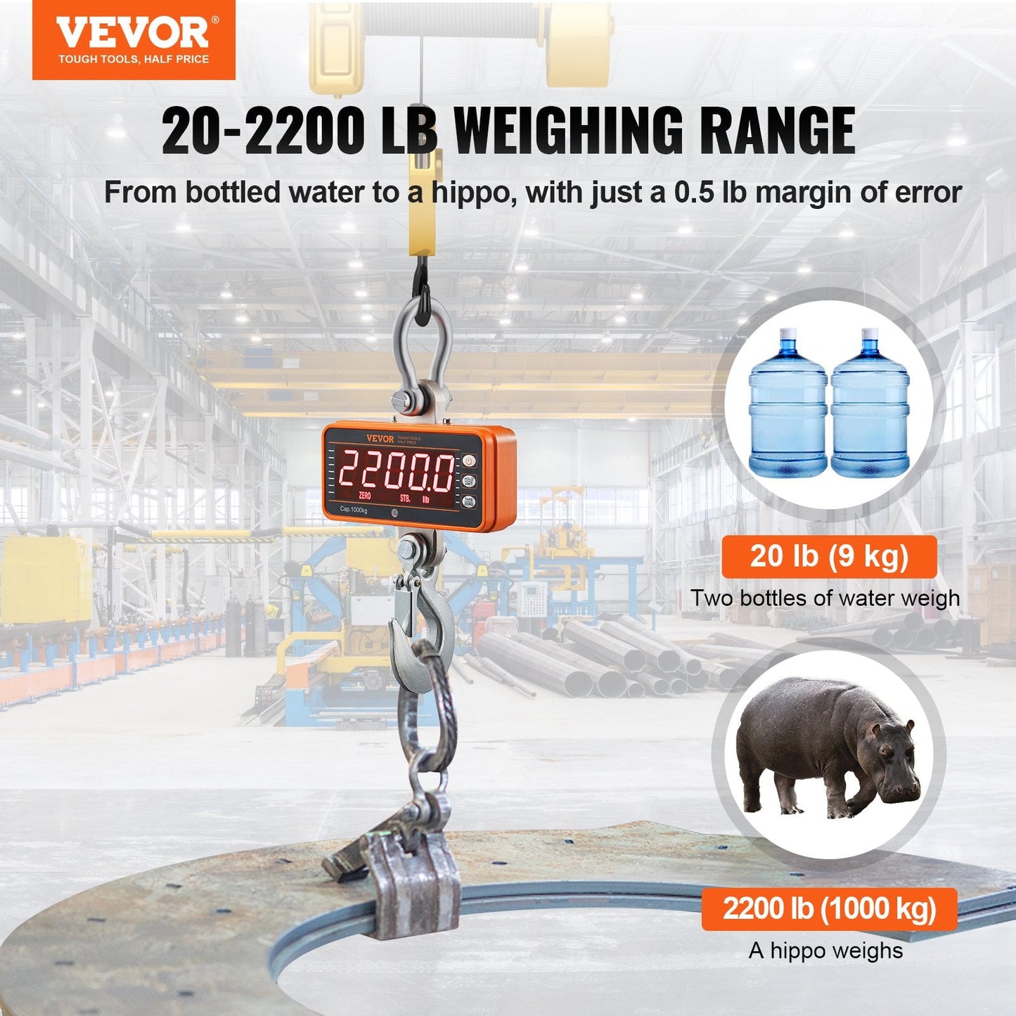 Digital Crane Scale 1000 kg, Heavy Duty Hanging Scale with Remote and LED