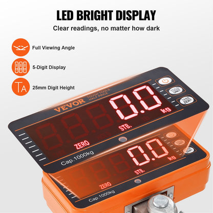 Digital Crane Scale 1000 kg, Heavy Duty Hanging Scale with Remote and LED