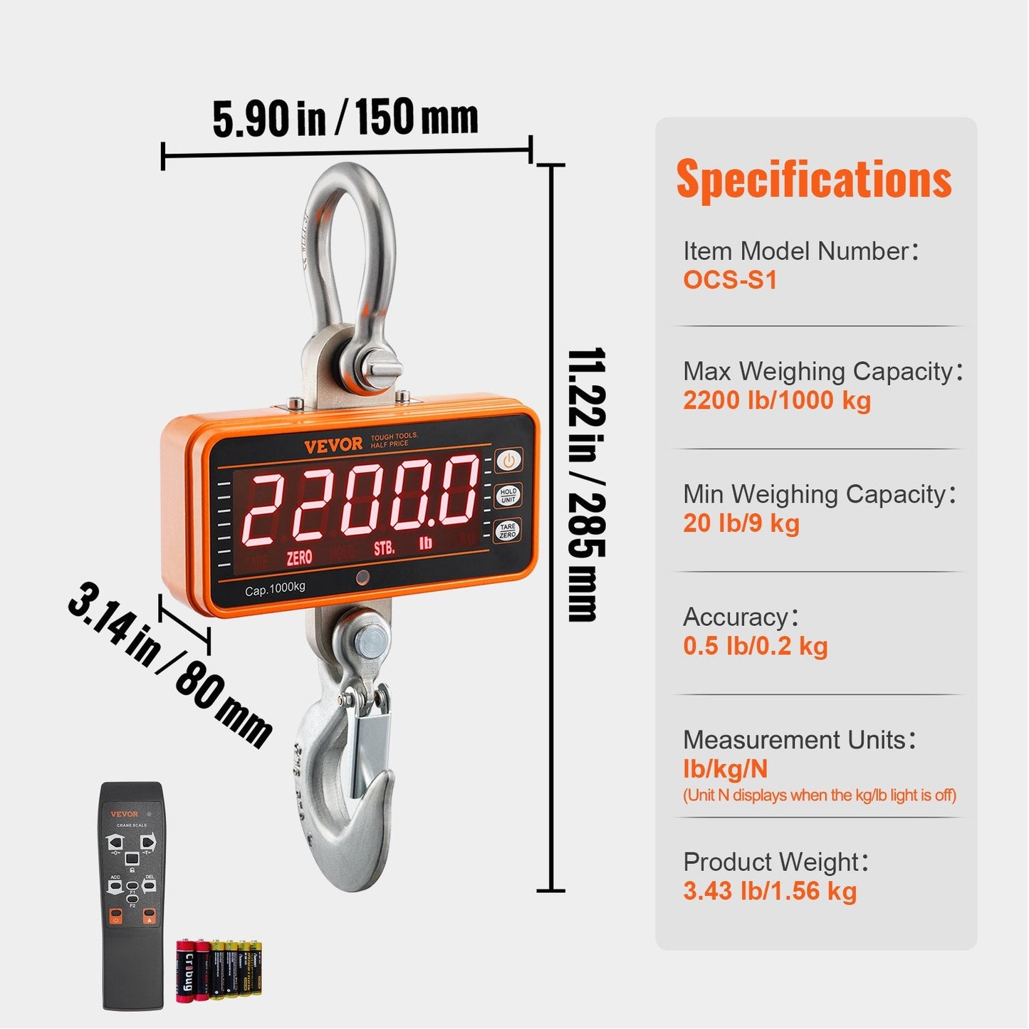 Digital Crane Scale 1000 kg, Heavy Duty Hanging Scale with Remote and LED