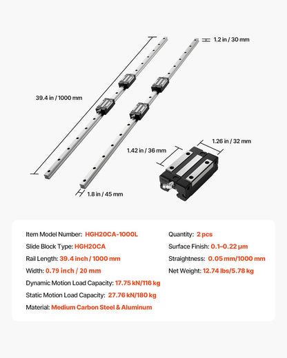 Linear Rail Guide Kit, HGR20, 2Pcs 1000 mm (39.4 inch) Linear Motion Rails and 4Pcs Bearing Slide Blocks, Anti Rust and High Precision Kit, for DIY, CNC Routers, Lathes, Mills, 3D Printers