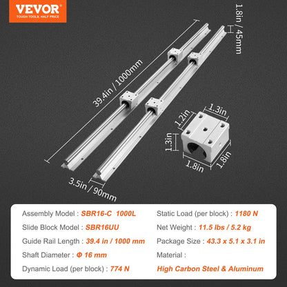 VEVOR Linear Guide Rail Set, SBR16 1000mm, 2 PCS 39.4 in/1000 mm SBR16 Guide Rails