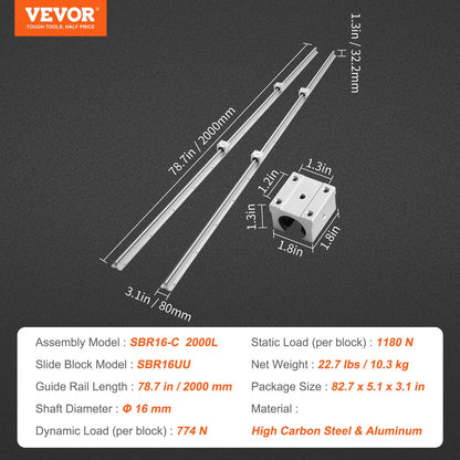 VEVOR Linear Guide Rail Set, SBR16 2000mm, 2 PCS 78.7 in/2000 mm SBR16 Guide Rails