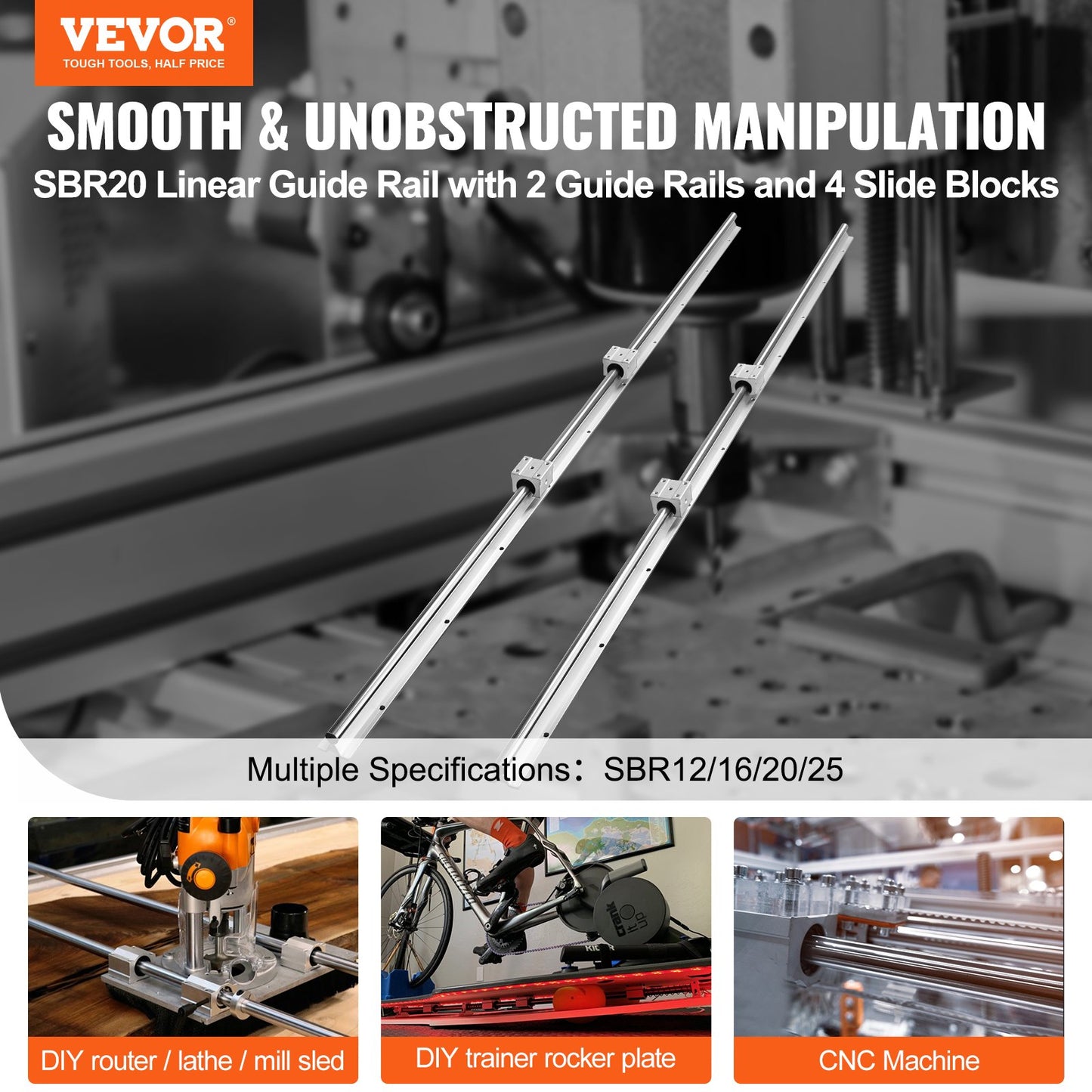 VEVOR Linear Guide Rail Set, SBR20 1500mm, 2 PCS 59 in/1500 mm SBR20 Guide Rails