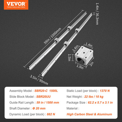 VEVOR Linear Guide Rail Set, SBR20 1500mm, 2 PCS 59 in/1500 mm SBR20 Guide Rails