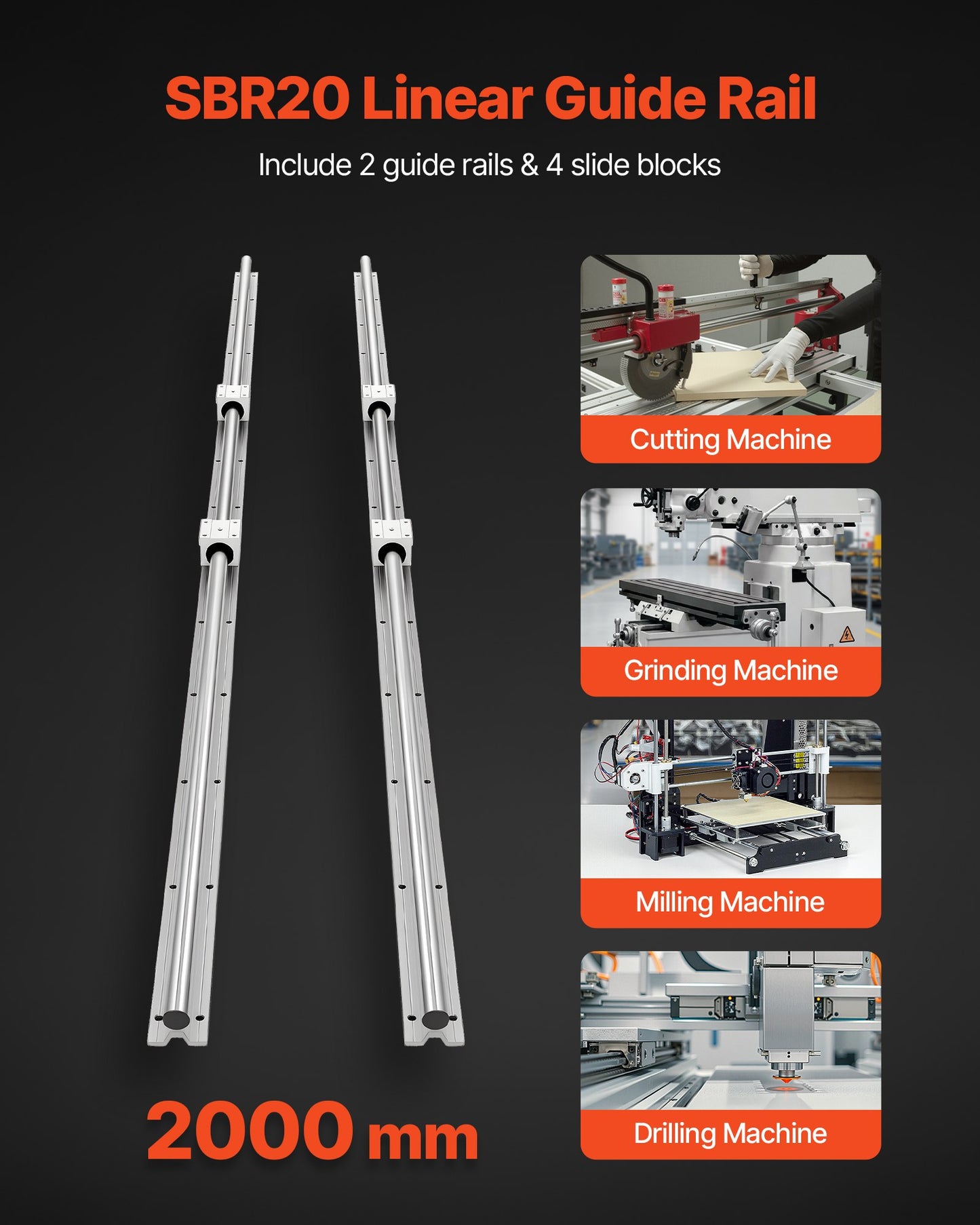 Linear Rail Kit, SBR20, 2Pcs 2000 mm (78.74 inch) Linear Motion Guide Rails and 4Pcs Bearing Slide Blocks, Fully Supported Shaft, for Cutting, Grinding, Milling, Drilling Machines, and More