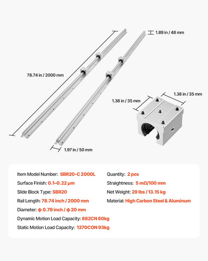 Linear Rail Kit, SBR20, 2Pcs 2000 mm (78.74 inch) Linear Motion Guide Rails and 4Pcs Bearing Slide Blocks, Fully Supported Shaft, for Cutting, Grinding, Milling, Drilling Machines, and More