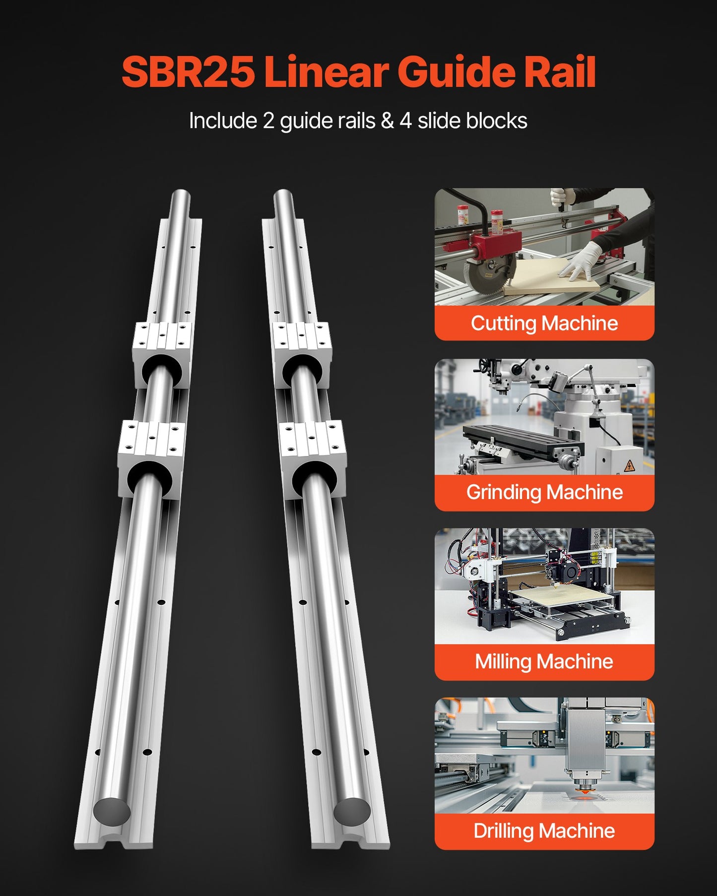 Linear Rail Kit, SBR25, 2Pcs 1200 mm (47.24 inch) Linear Motion Guide Rails and 4Pcs Bearing Slide Blocks, Fully Supported Shaft, for Cutting, Grinding, Milling, Drilling Machines, and More